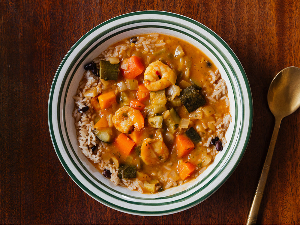 Caribbean Jump up Shrimp and Vegetable Stew with Rice and Beans