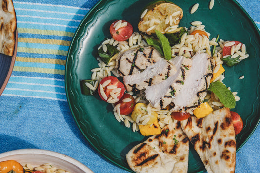 Grilled Mojito Chicken Breast with Grilled Vegetable Pasta Salad