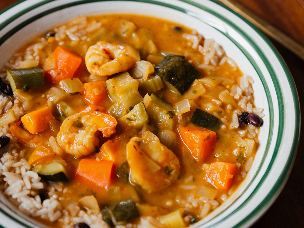 Caribbean Jump up Shrimp and Vegetable Stew with Rice and Beans