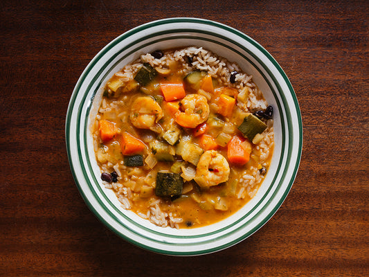 Caribbean Jump up Shrimp and Vegetable Stew with Rice and Beans