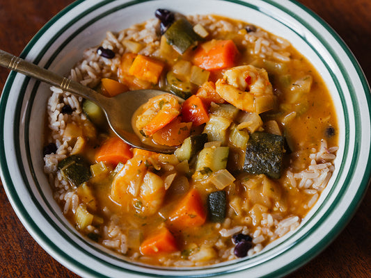 Caribbean Jump up Shrimp and Vegetable Stew with Rice and Beans