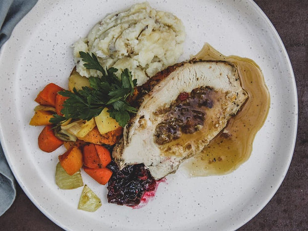 Thanksgiving Sliced Roast Turkey Breast with Autumn Fruit Stuffing Dinner